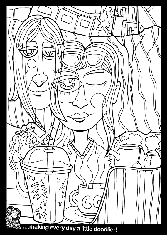 Mum and daughter in cafe colouring sheet