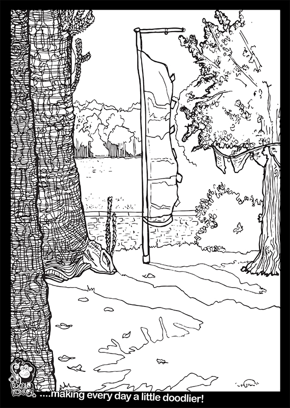Buddhist retreat scene colouring sheet